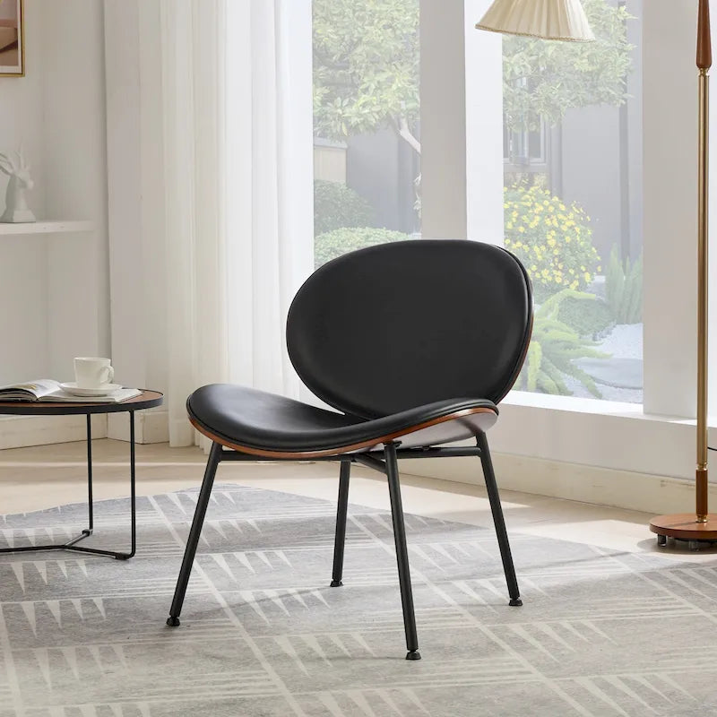 Fauteuil coquille simple Chaise d'appoint trépied en cuir noir Chaise longue finition noyer