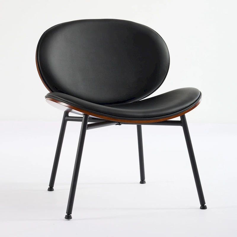 Fauteuil coquille simple Chaise d'appoint trépied en cuir noir Chaise longue finition noyer