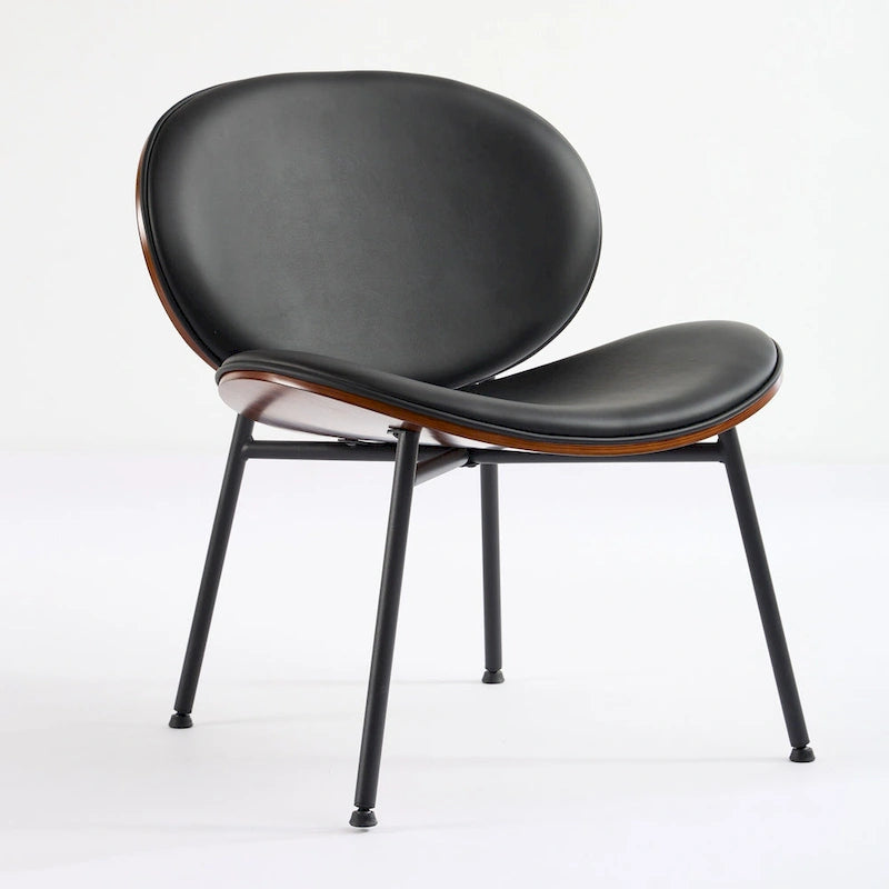 Fauteuil coquille simple Chaise d'appoint trépied en cuir noir Chaise longue finition noyer