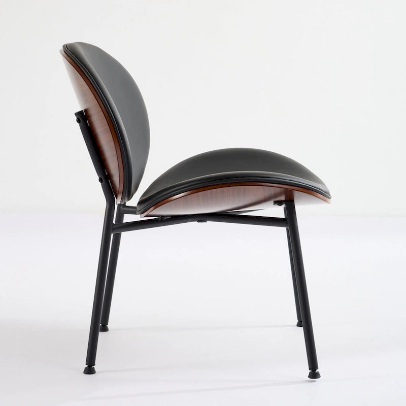 Fauteuil coquille simple Chaise d'appoint trépied en cuir noir Chaise longue finition noyer