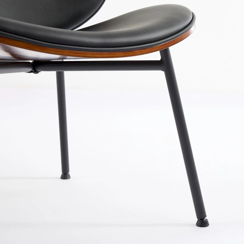 Fauteuil coquille simple Chaise d'appoint trépied en cuir noir Chaise longue finition noyer