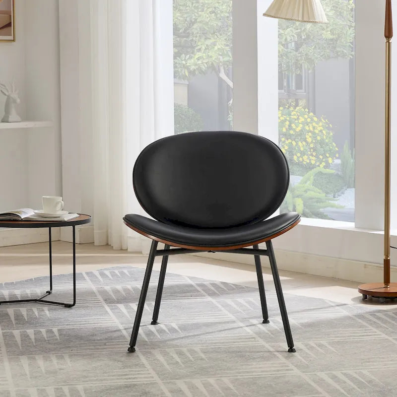 Fauteuil coquille simple Chaise d'appoint trépied en cuir noir Chaise longue finition noyer