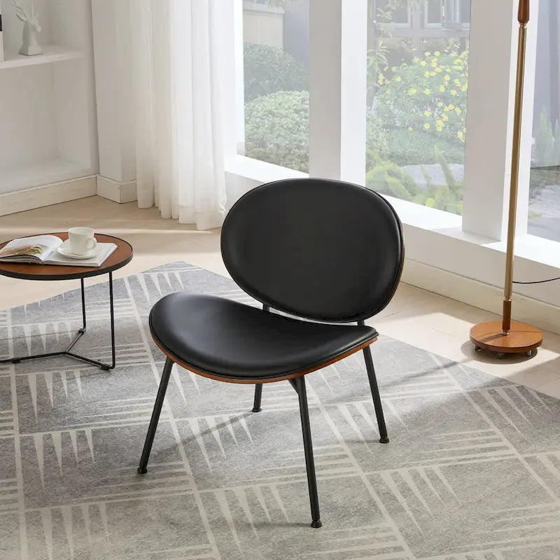 Fauteuil coquille simple Chaise d'appoint trépied en cuir noir Chaise longue finition noyer