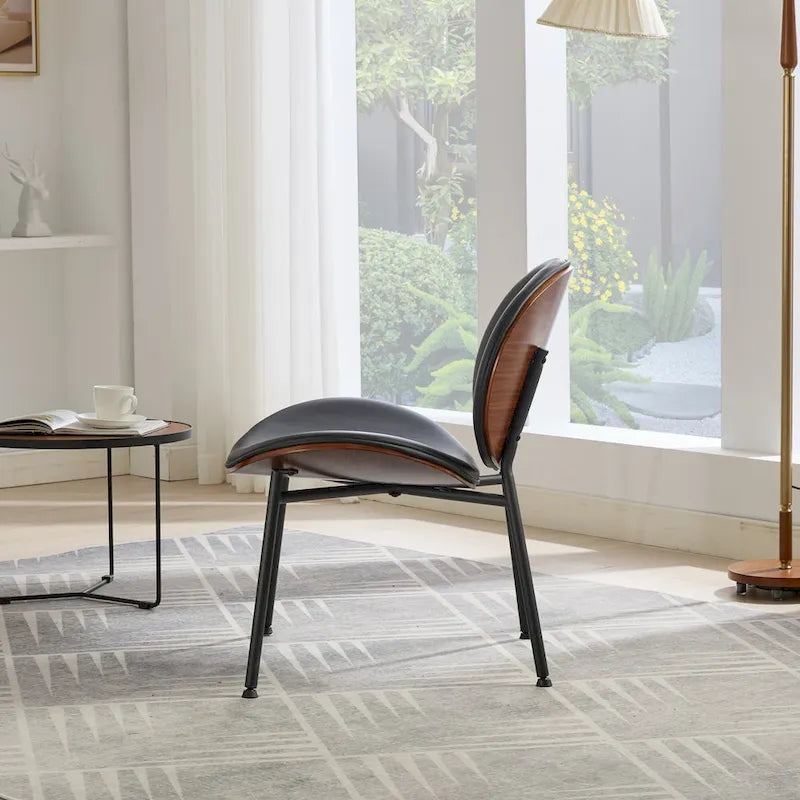 Fauteuil coquille simple Chaise d'appoint trépied en cuir noir Chaise longue finition noyer