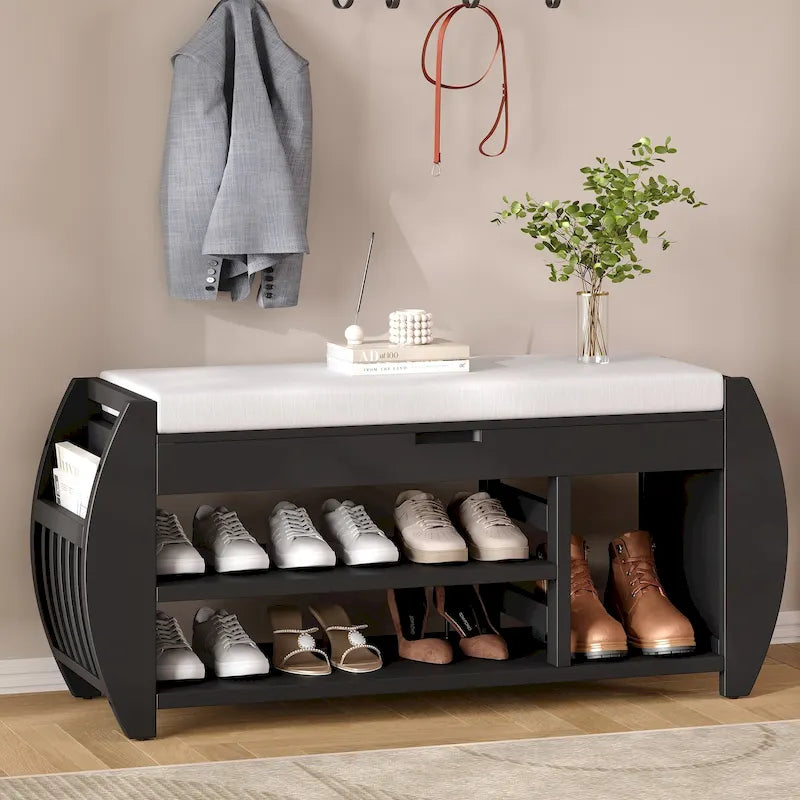 Banc de rangement multifonctionnel avec coussin et panneau latéral incurvé