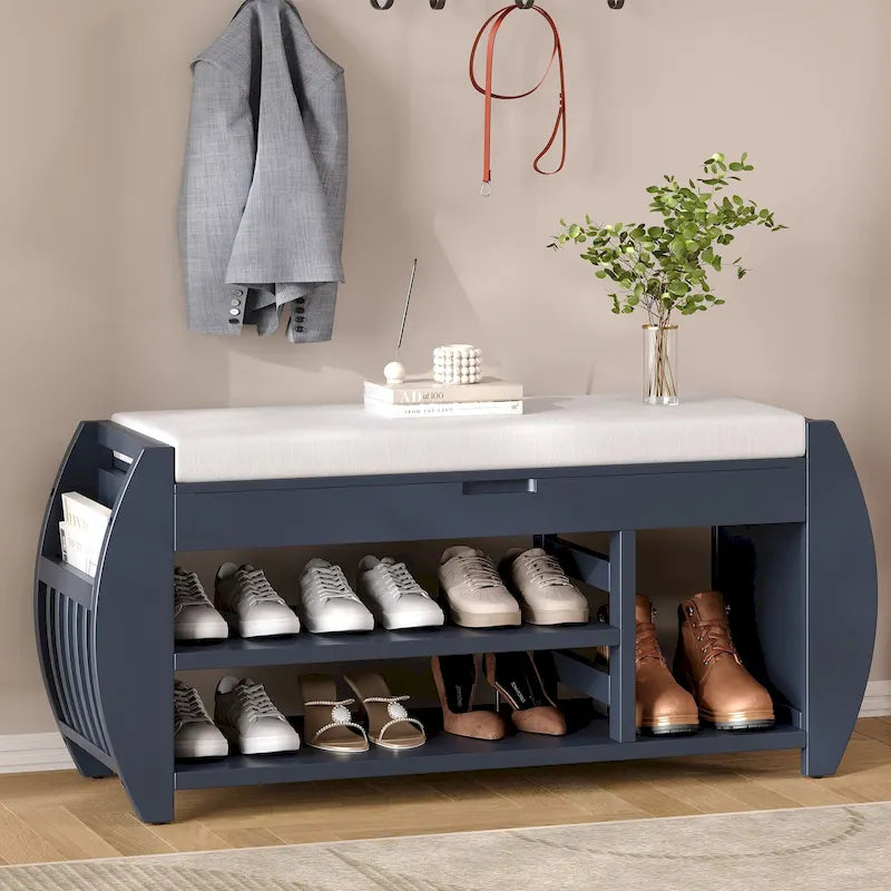 Banc de rangement multifonctionnel avec coussin et panneau latéral incurvé