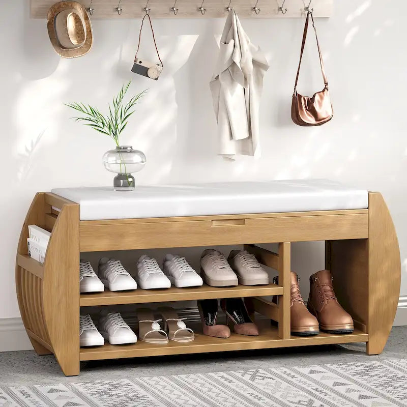 Banc de rangement multifonctionnel avec coussin et panneau latéral incurvé