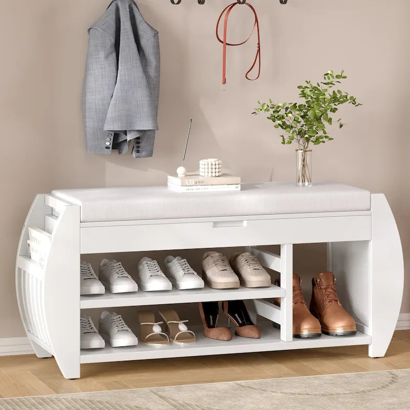Banc de rangement multifonctionnel avec coussin et panneau latéral incurvé
