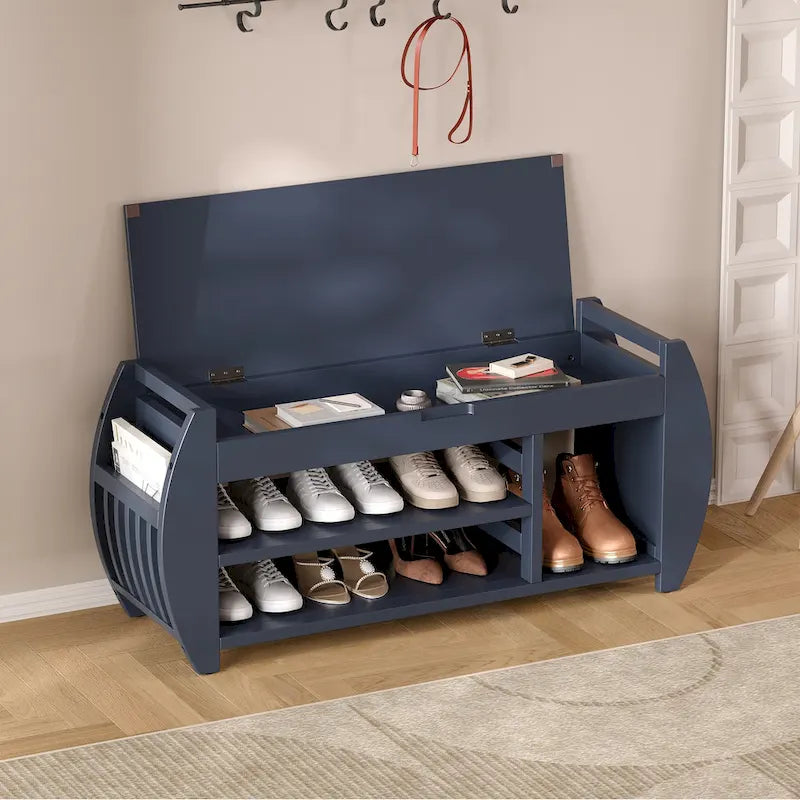 Banc de rangement multifonctionnel avec coussin et panneau latéral incurvé