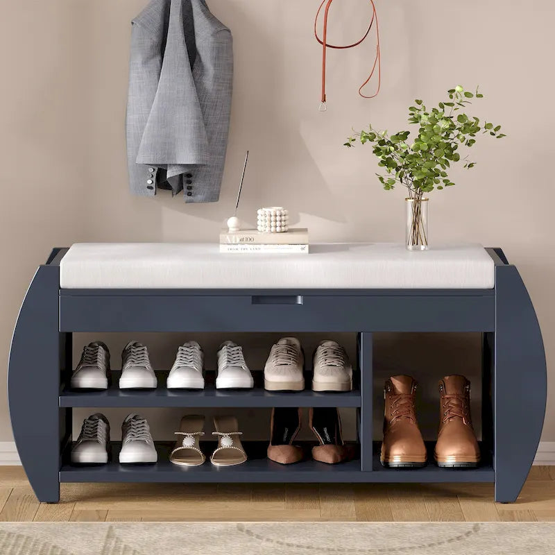 Banc de rangement multifonctionnel avec coussin et panneau latéral incurvé