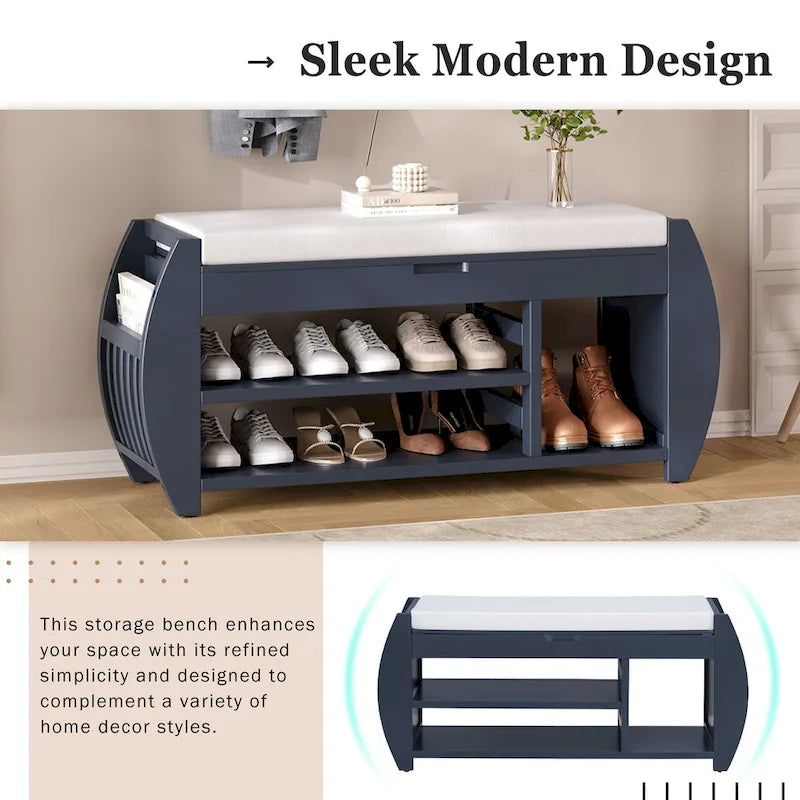 Banc de rangement multifonctionnel avec coussin et panneau latéral incurvé