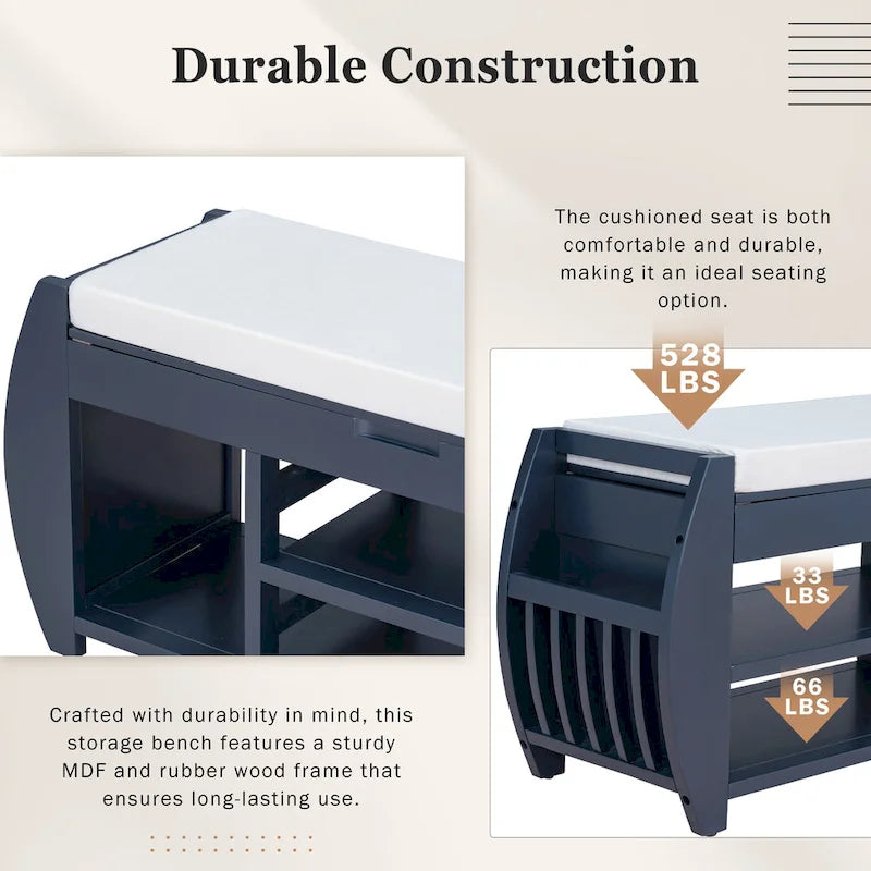 Banc de rangement multifonctionnel avec coussin et panneau latéral incurvé