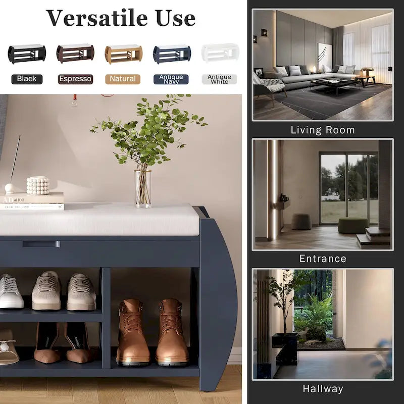 Banc de rangement multifonctionnel avec coussin et panneau latéral incurvé