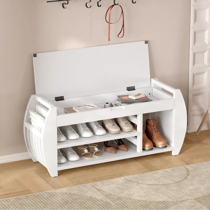Banc de rangement multifonctionnel avec coussin et panneau latéral incurvé