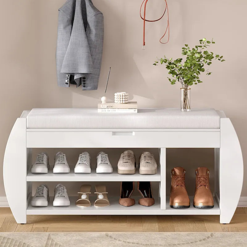 Banc de rangement multifonctionnel avec coussin et panneau latéral incurvé