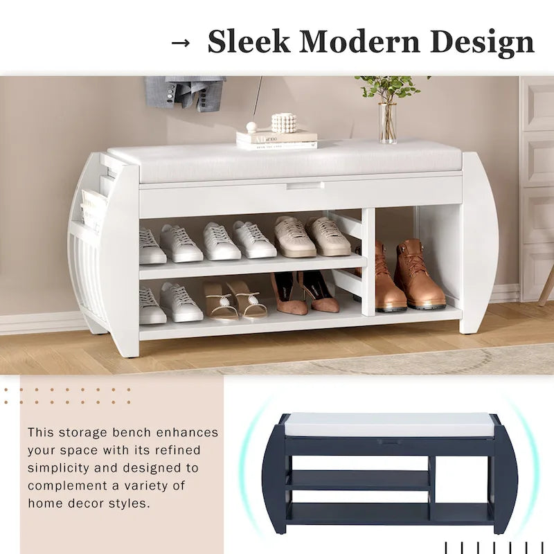 Banc de rangement multifonctionnel avec coussin et panneau latéral incurvé