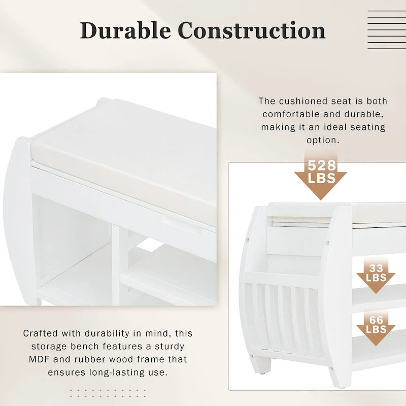 Banc de rangement multifonctionnel avec coussin et panneau latéral incurvé