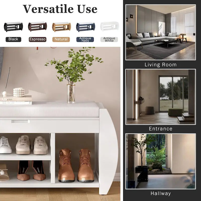 Banc de rangement multifonctionnel avec coussin et panneau latéral incurvé