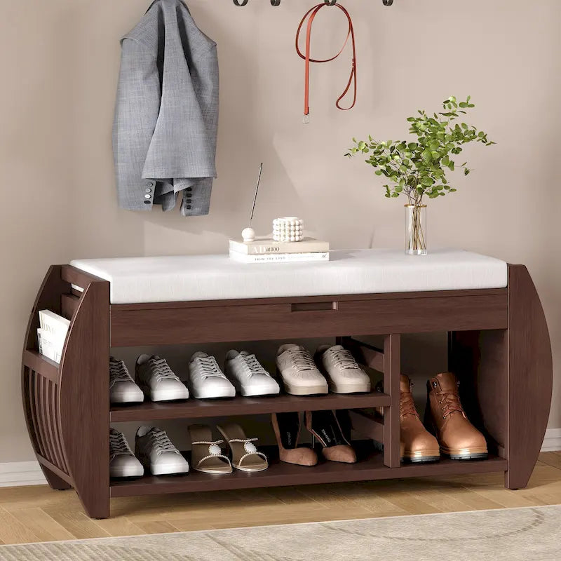 Banc de rangement multifonctionnel avec coussin et panneau latéral incurvé