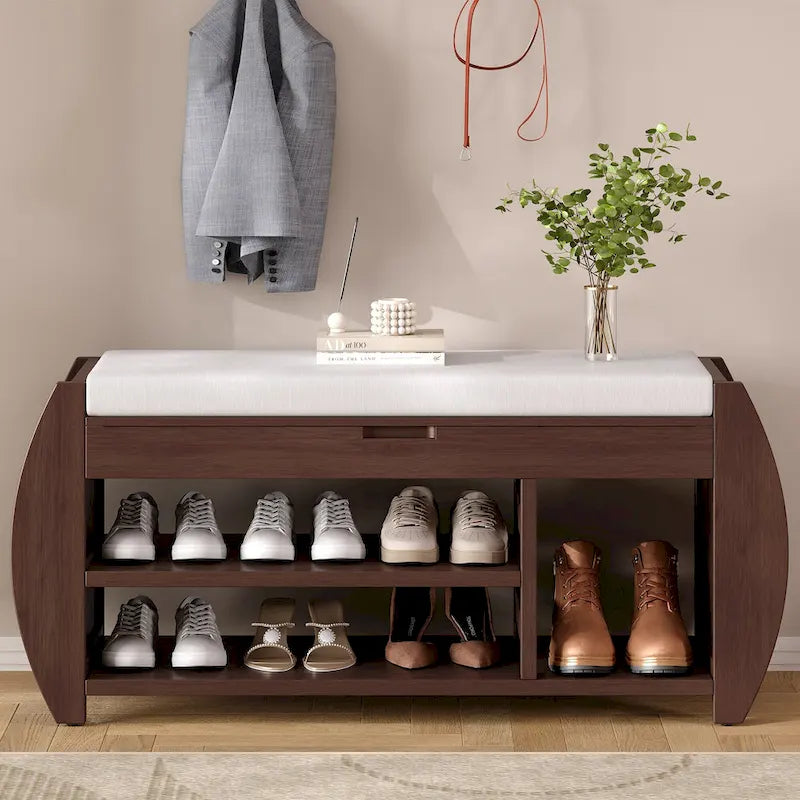 Banc de rangement multifonctionnel avec coussin et panneau latéral incurvé