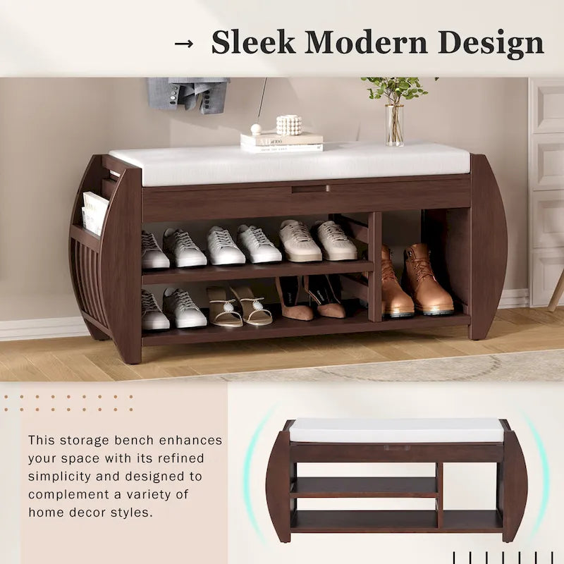 Banc de rangement multifonctionnel avec coussin et panneau latéral incurvé