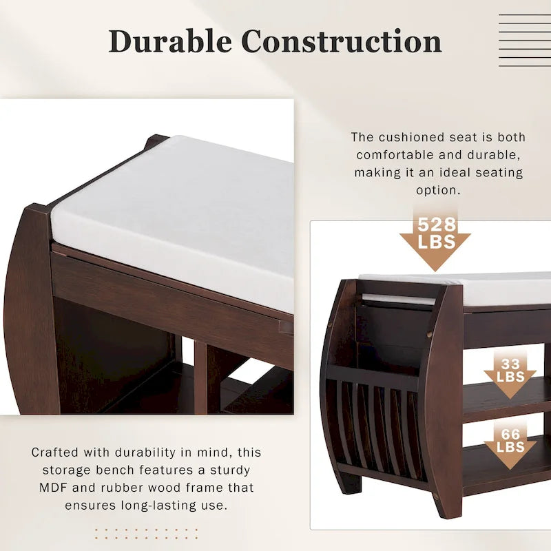 Banc de rangement multifonctionnel avec coussin et panneau latéral incurvé