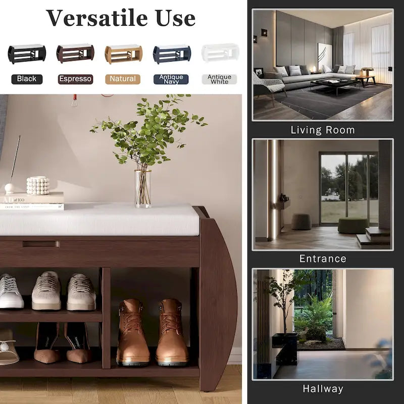 Banc de rangement multifonctionnel avec coussin et panneau latéral incurvé