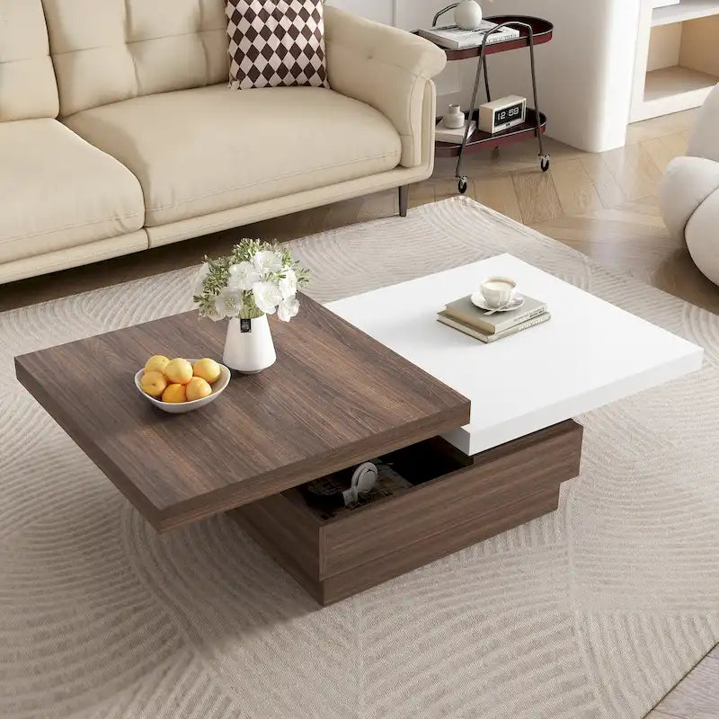 Table basse rotative, Table basse carrée moderne avec motif de grain de bois