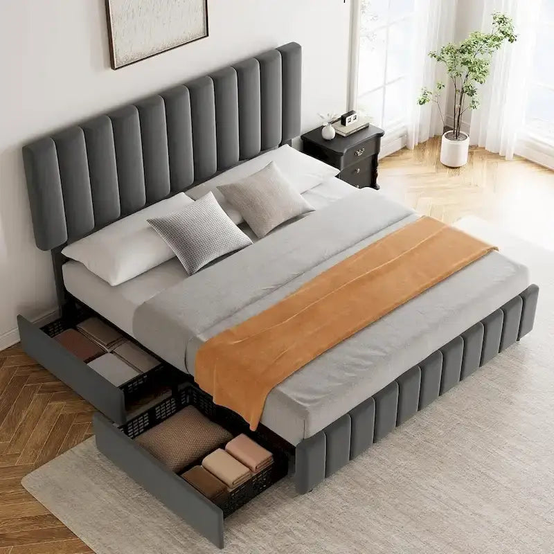 Lit avec 4 tiroirs de rangement et tête de lit réglable