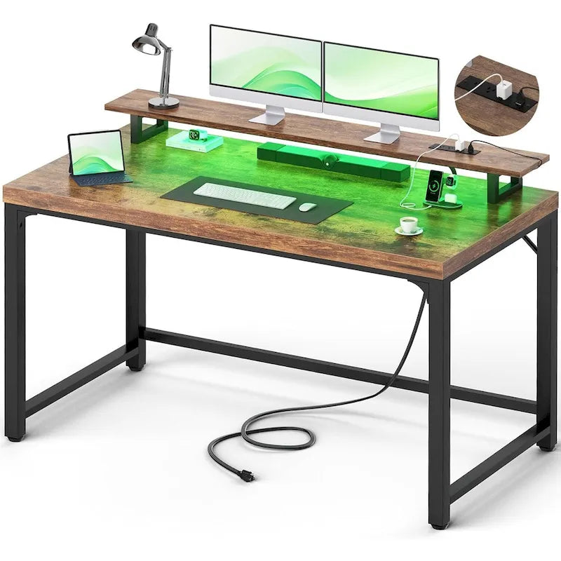 Bureau informatique avec prise et éclairage LED, bureau à domicile