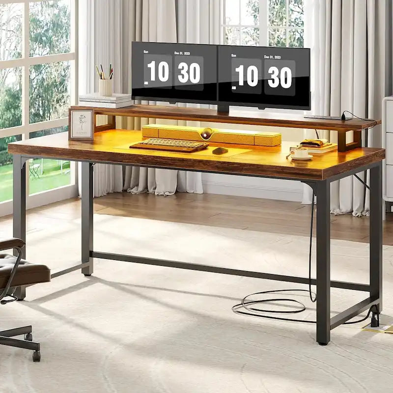 Bureau informatique avec prise et éclairage LED, bureau à domicile