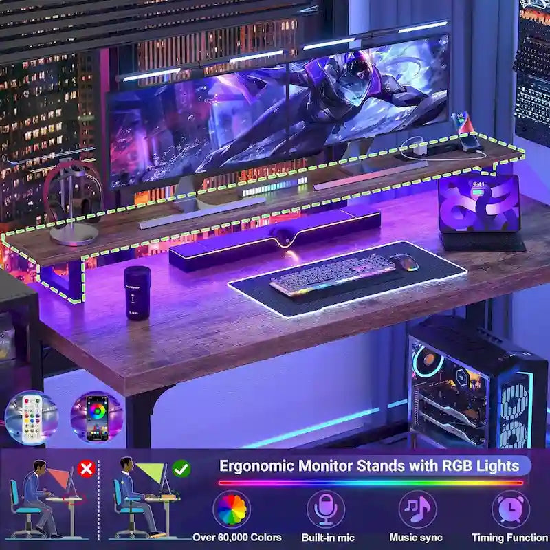 Bureau informatique avec prise et éclairage LED, bureau à domicile