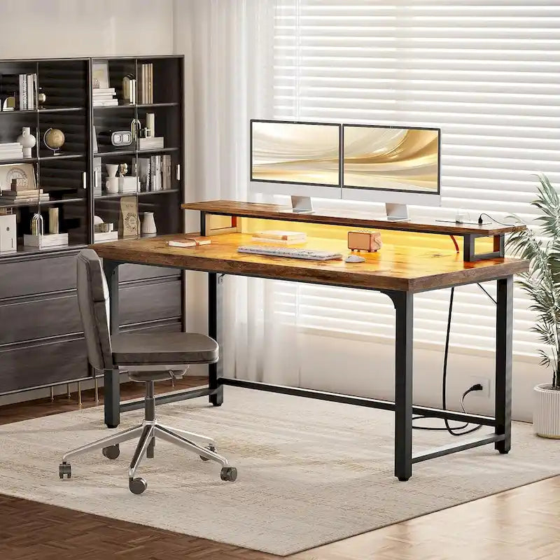 Bureau informatique avec prise et éclairage LED, bureau à domicile