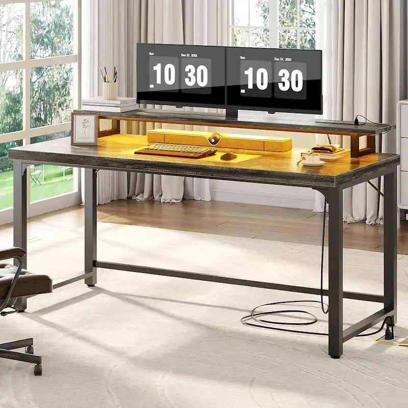 Bureau informatique avec prise et éclairage LED, bureau à domicile