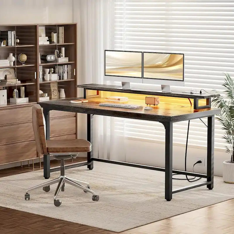 Bureau informatique avec prise et éclairage LED, bureau à domicile
