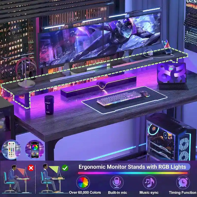 Bureau informatique avec prise et éclairage LED, bureau à domicile