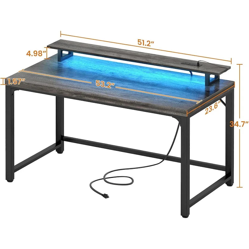 Bureau informatique avec prise et éclairage LED, bureau à domicile