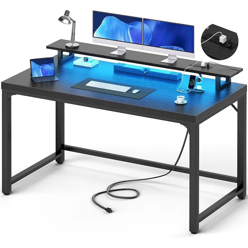 Bureau informatique avec prise et éclairage LED, bureau à domicile