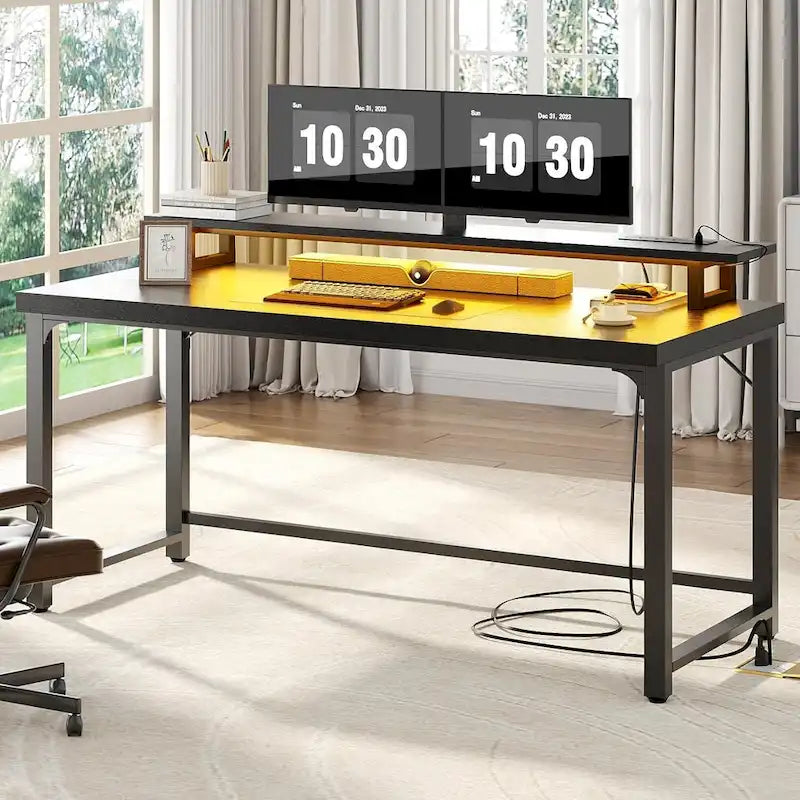 Bureau informatique avec prise et éclairage LED, bureau à domicile