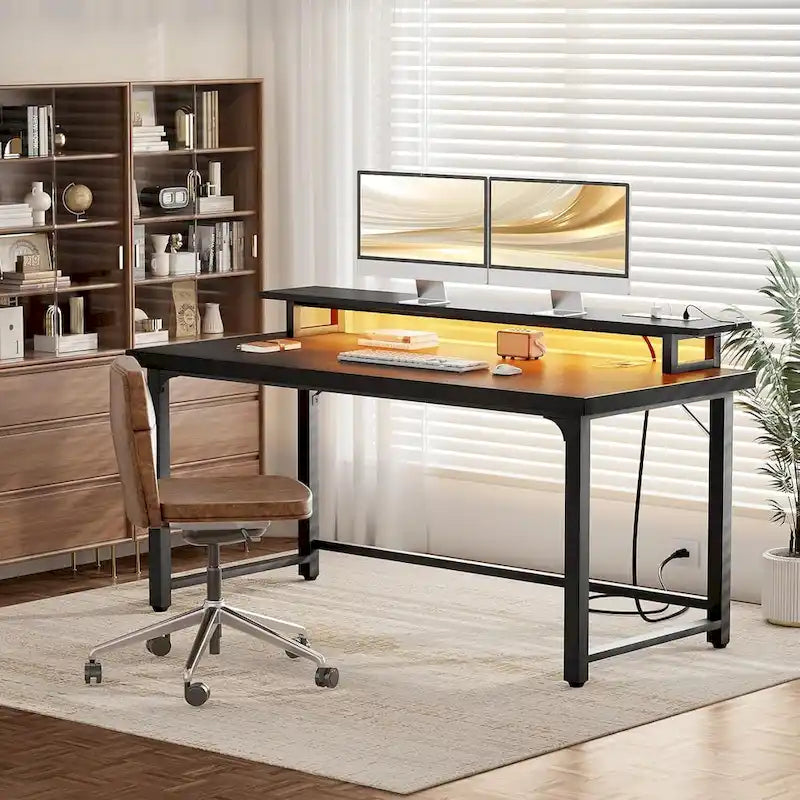 Bureau informatique avec prise et éclairage LED, bureau à domicile