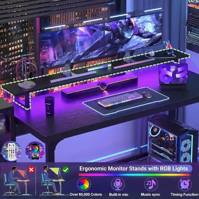 Bureau informatique avec prise et éclairage LED, bureau à domicile
