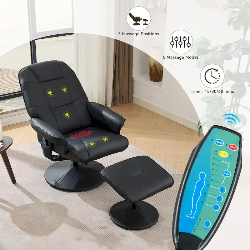 Fauteuil inclinable de massage en similicuir avec fonction pivotante à 360° et pouf