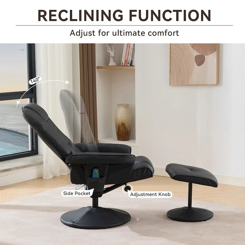 Fauteuil inclinable de massage en similicuir avec fonction pivotante à 360° et pouf