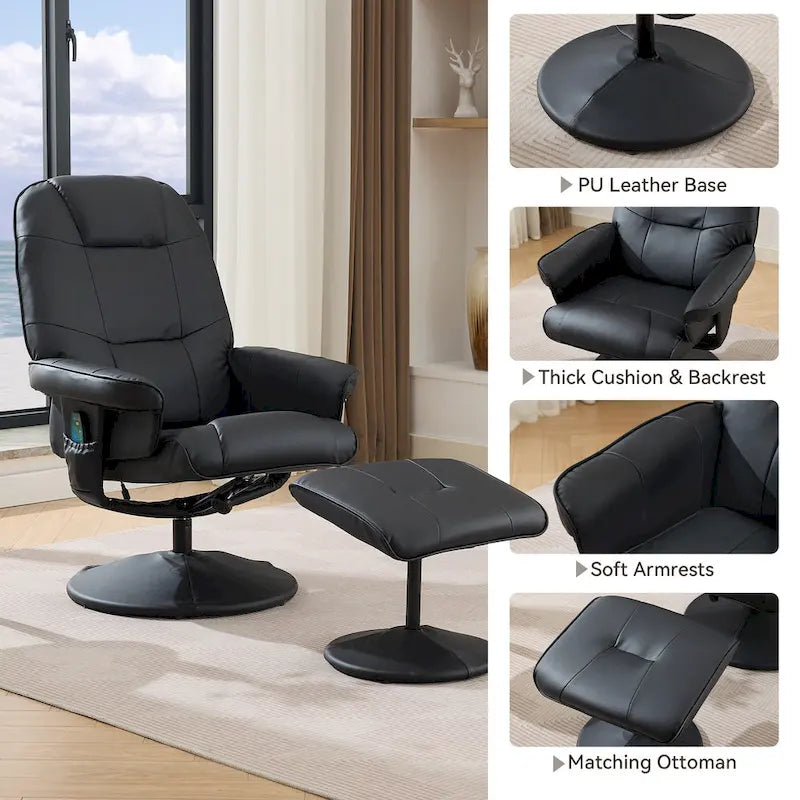 Fauteuil inclinable de massage en similicuir avec fonction pivotante à 360° et pouf