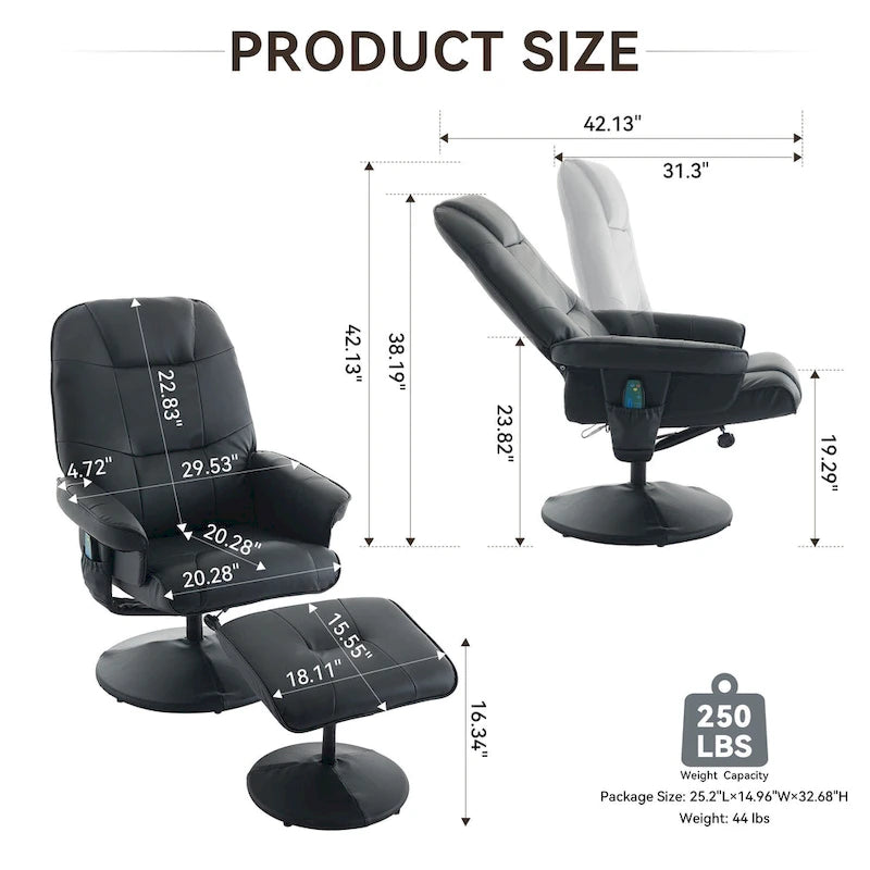 Fauteuil inclinable de massage en similicuir avec fonction pivotante à 360° et pouf