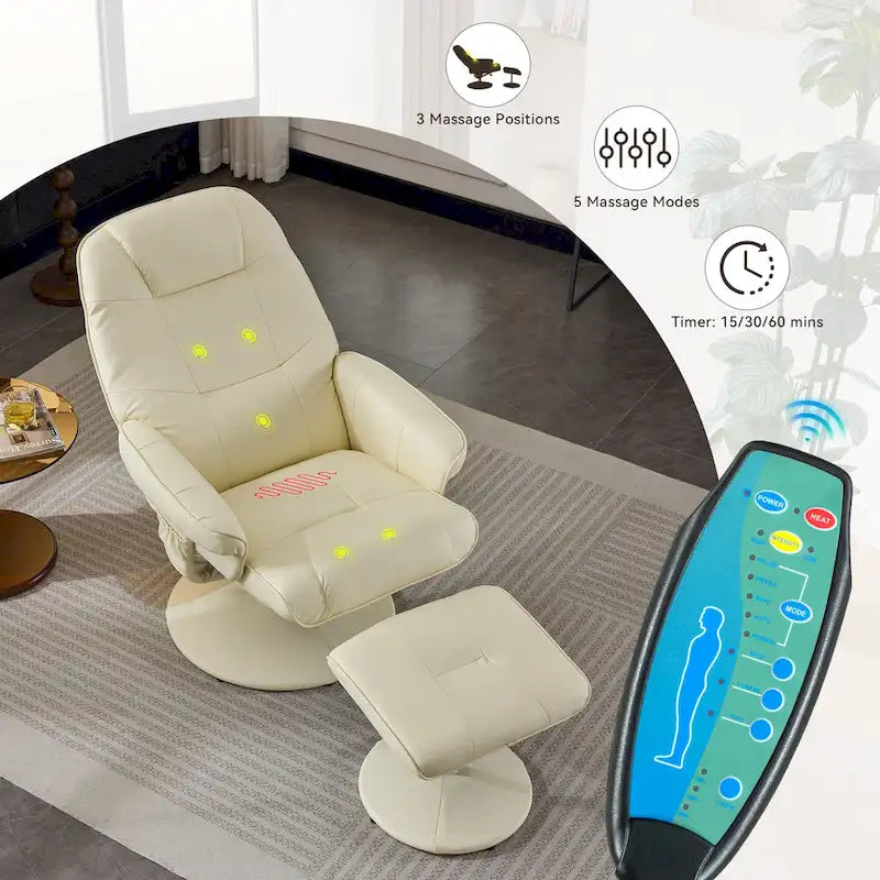 Fauteuil inclinable de massage en similicuir avec fonction pivotante à 360° et pouf