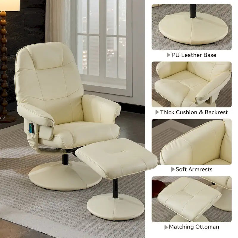 Fauteuil inclinable de massage en similicuir avec fonction pivotante à 360° et pouf