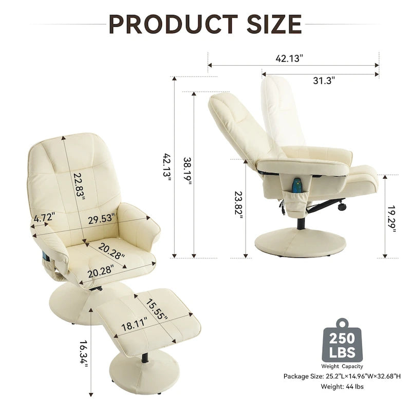 Fauteuil inclinable de massage en similicuir avec fonction pivotante à 360° et pouf