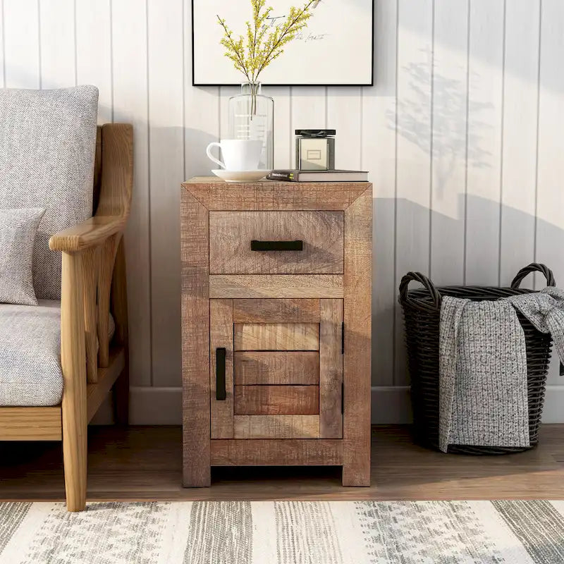 Table d'appoint de rangement en bois massif 23 pouces, ton naturel chaud rustique