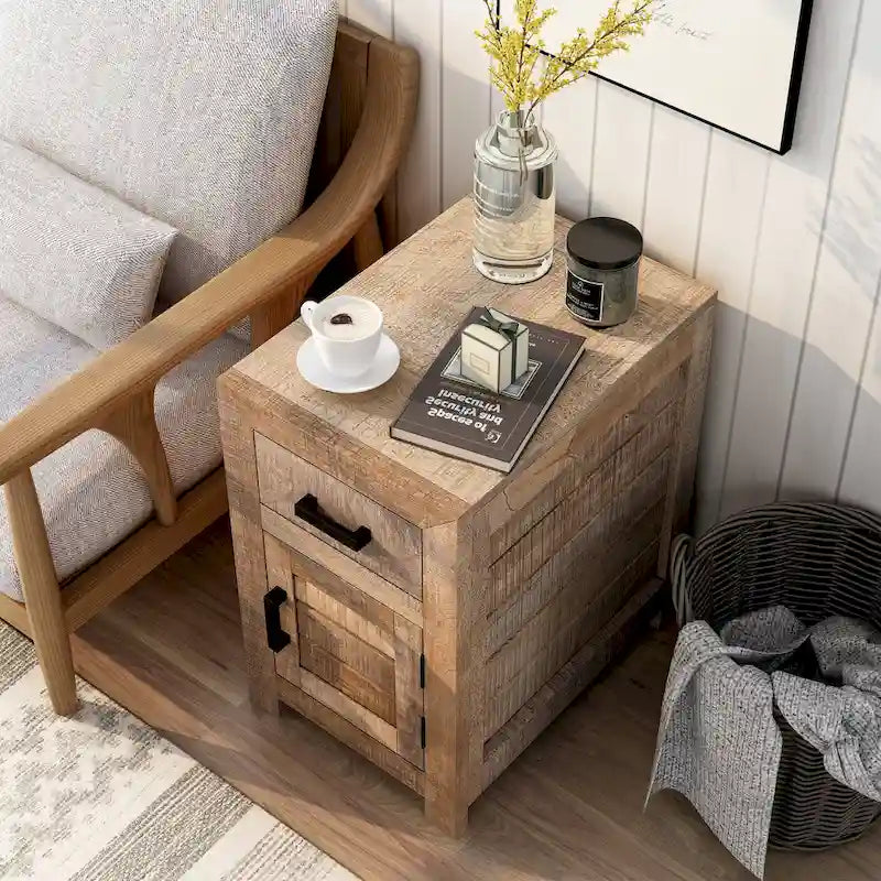 Table d'appoint de rangement en bois massif 23 pouces, ton naturel chaud rustique